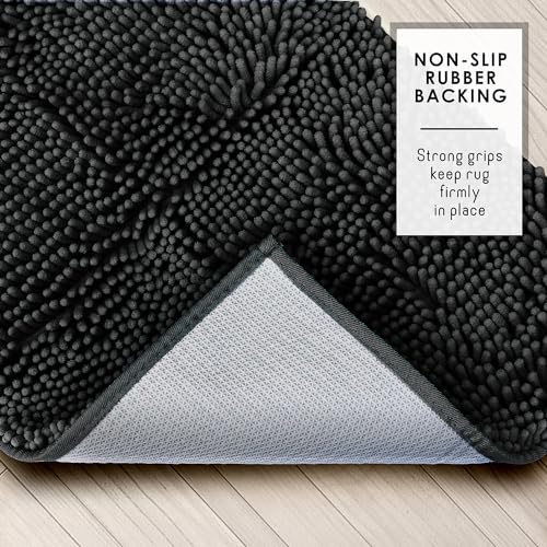 Hearth & Harbor Bathroom Rugs, Chenille Bath Mat - Machine Washable Bath Mats for Bathroom Non-Slip Backing Rubber, Quick Dry Bathroom Mat - Black 17x24-20x24 - color: Black, style: 17 x 24 + 20 x 24