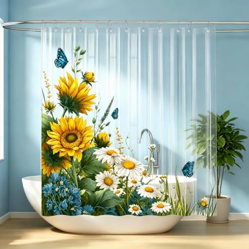 Clear Sun Flower Shower Curtain Liner, Yellow Plastic Transparent Pretty Shower Curtains for Bathroom, 72x72 Weighted Magnetic Shower Curtain Set with 12 Hooks - color: Clear Sunflower, size: 72"W x 72"L (Pack of 1)
