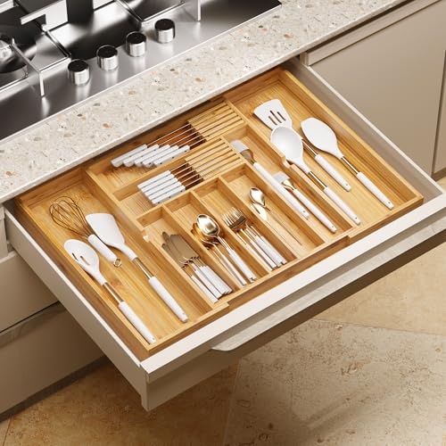 BAMEOS Bamboo Drawer Organizer Expandable Kitchen Silverware Organizer with 7-9 Deep Compartments, Bamboo Reinforced Cutlery Tray, Adjustable Utensil Holder for Kitchen(16.1"-22.4" Wide, Natural) - size: 2''H 22X16 with Knife Block