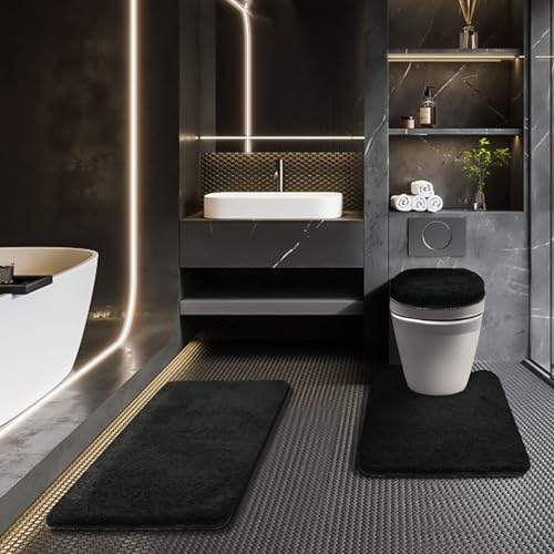 Shower Curtain Sets with Rugs and Adjustable Toilet Seat Cover | 4 Pcs Black Bathroom Sets with Shower Curtain and Rugs and Microfiber Toilet Lid Cover - color: Black