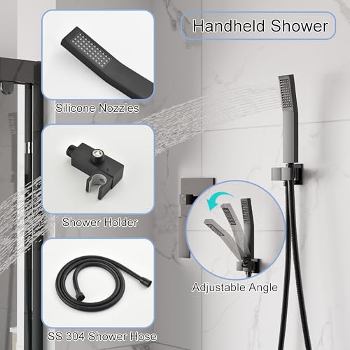 WELLFOR 12-In Ceiling Mount Shower System with Single Handle, Pressure-balanced Valve Included, Waterfall Dual Head Shower Head System, Rain Shower System, Shower Faucet Trim Kits, Matte Black - color: Matte Black, style: Ceiling Mount 12-Inch