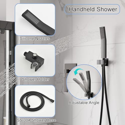 WELLFOR 12-In Ceiling Mount Shower System with Single Handle, Pressure-balanced Valve Included, Waterfall Dual Head Shower Head System, Rain Shower System, Shower Faucet Trim Kits, Matte Black - color: Matte Black, style: Ceiling Mount 12-Inch