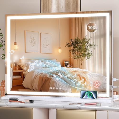 Hasipu Vanity Mirror with Lights and Bluetooth Speaker, 40" x 29.5" LED Makeup Mirror, Lighted Makeup Mirror with Dimmable 3 Modes, USB Charging Port, Square White - color: White, size: 40"L x 29.5"W