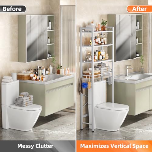 Over-The-Toilet Storage Rack, 4-Tier Bathroom Organizer Shelf Over Toilet with Adjustable Shelf and Basket, Freestanding Space Saver Bathroom Shelves Above Toilet for Room (Pure White) - color: Pure White