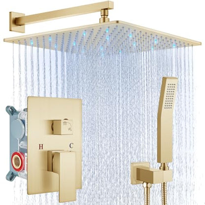 Aolemi Shower Faucet Set with Valve Handheld 16" LED Head Brushed Gold | Handheld Spray,16 Inch Rain LED Head,Valve and Trim Kit,All Metal,Wall Mount Shower System,Bathroom Mixer - color: Gold, size: 16 Inch LED Shower Head