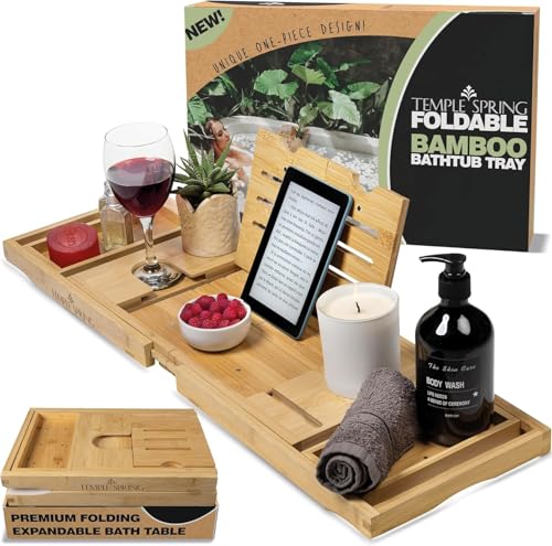 Foldable Bamboo Bathtub Tray Caddy for Tub — Expandable One-Piece Wood Bath Table with Wine Holder Book Stand and Non-Slip Pads — Space-Saving Bath Caddy — Housewarming - color: Foldable Wood Bamboo