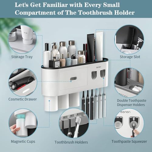 Toothbrush Holders Wall Mounted, Toothbrush Holder with Automatic Toothpaste Dispensers, 6 Brush Slots, 3 Magnetic Cups,1 Cosmetic Drawer Organizer and 1 Large Storage Tray - size: Black 3 Cups