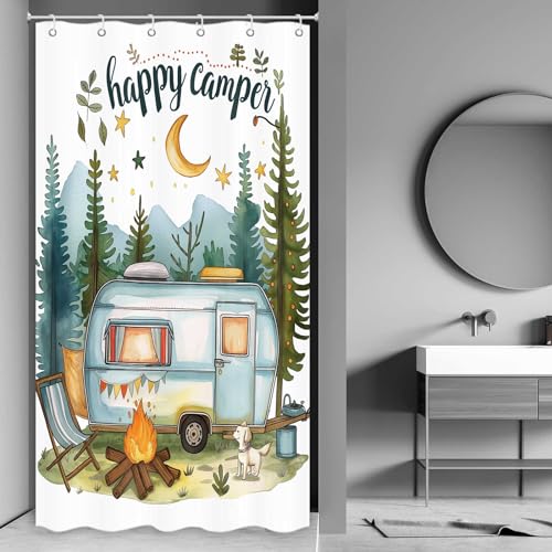 Happy Camper Small Stall RV Shower Curtain Rustic Tree Mountain Adventure Tent Camping Bathroom Curtains Travel Trailer Bathroom Accessories Set with Hooks 36 x 72 Inches - color: Blue, size: 36"W x 72"L (Pack of 1)