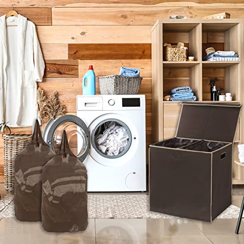 Simple Houseware Double Laundry Hamper with Lid & Removable Bags, Brown | Heavy Duty 600D Polyester, Water-Resistant Surface - color: Brown