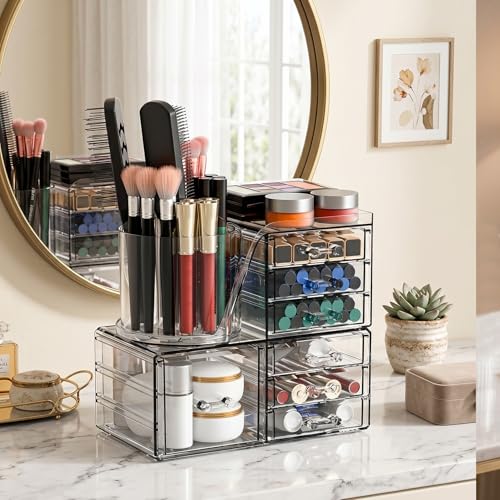 ShineMe Make Up Organizers for Vanity, 2 Tier Acrylic Stackable Cosmetic Organizer with Rotating Makeup Brush Holder & 7 Drawers, Clear Hair Accessory Organizer Countertop for Dresser, Bathroom - size: 2tire, 7 drawers