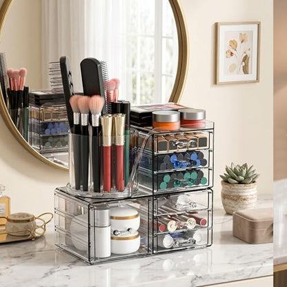 ShineMe Make Up Organizers for Vanity, 2 Tier Acrylic Stackable Cosmetic Organizer with Rotating Makeup Brush Holder & 7 Drawers, Clear Hair Accessory Organizer Countertop for Dresser, Bathroom - size: 2tire, 7 drawers