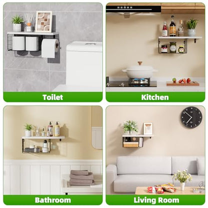 VITVITI Toilet Paper Holder with Shelf, Wall Mounted Storage Basket, White | Farmhouse Wall Mount Toilet Paper Holder Shelves, Wood Metal Toilet Roll Wipes Holder for Bathroom - color: White