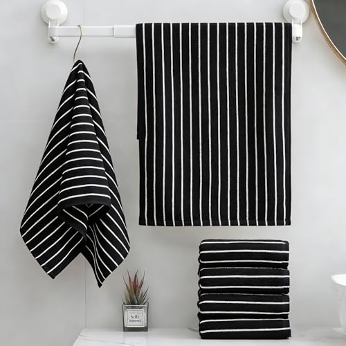 Black and White Hand Towels Bathroom Cotton Striped Towels, 13 x 29 Inches, Lightweight Quick-Dry Absorbent, 6 Piece Set - color: Black