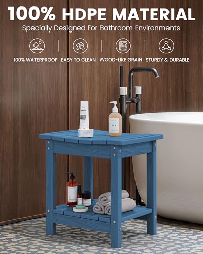 SERWALL Shower Bench, 18" Shower Stool for Inside Shower, HDPE Waterproof Shower Seats for Adults with Storage Shelf & Handles, 360 lbs Capacity- Blue - color: Blue