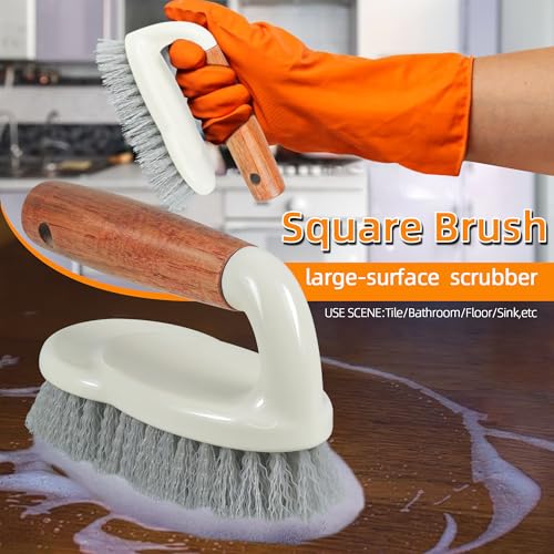 5-Pack Heavy Duty Scrub Brushes Set with Wooden Handles | Multi-Surface Scrubber for Kitchen,Bathroom,Tile & Grout,Includes Spherical,Triangle,Square & Dish Brush for Stubborn Stains