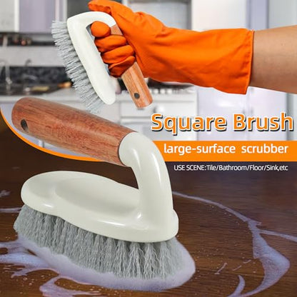 5-Pack Heavy Duty Scrub Brushes Set with Wooden Handles | Multi-Surface Scrubber for Kitchen,Bathroom,Tile & Grout,Includes Spherical,Triangle,Square & Dish Brush for Stubborn Stains