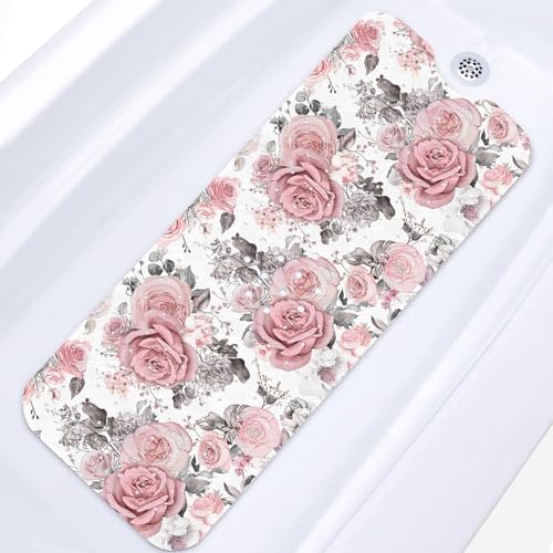 Bath Mat for Tub, Pink Flower Leaves, 40 X 16 Inch, for Bathtub | Floral Rose Spring Extra Long Tub with Suction Cups and Drain Holes for Kids Adults Elderly - color: Pink Flower
