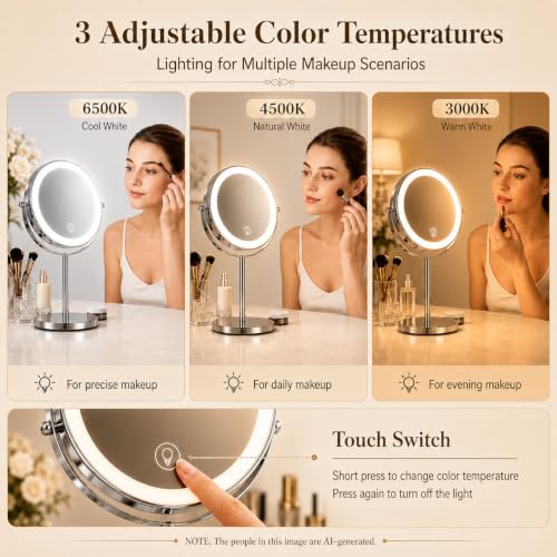 Ysenchan Lighted Makeup Mirror, 8'' Rechargable LED Vanity Magnifying Mirror, Double Sided 5X Manification Mirror with Stand, Cosmetic Standing Desk