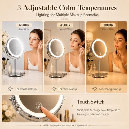 Ysenchan Lighted Makeup Mirror, 8'' Rechargable LED Vanity Magnifying Mirror, Double Sided 5X Manification Mirror with Stand, Cosmetic Standing Desk