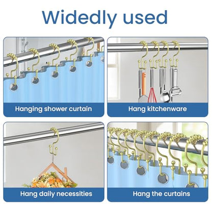 Light Gold Shower Curtain Hooks Double Sided with Roller Balls | for Bathroom Rods, for Shower Curtain and Liner, Smooth Gliding, Rustproof Metal, Set of 12 Hooks - color: Light Gold