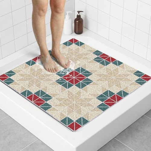 Non Slip Loofah Shower Mat, 27x27 Inch Square Bath Mat for Inside Shower, Soft PVC Loofah Foot Scrubber Bath Mat for Walk-in Shower and Bathroom, Quick Drying & Machine Washable, Red Geometry - color: Red Geometry, size: 27" x 27" (Square)
