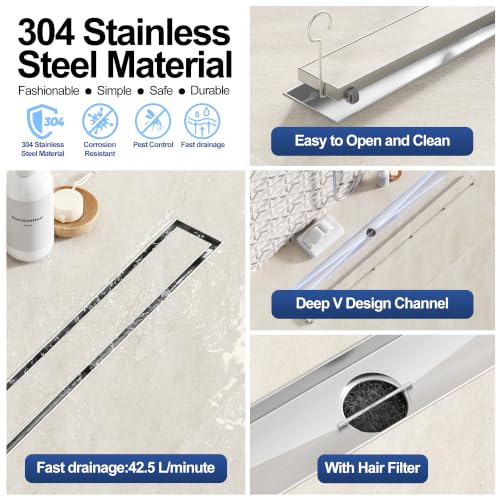 Neodrain 42-Inch Linear Shower Drain-Brushed,with Tile Insert Grate | 304 Stainless Steel, Fast Drainage, Rectangle Shower Floor Drain with Leveling Feet & Hair Strainer, Fits Bathroom, Balcony - color: Brushed, size: 42 IN