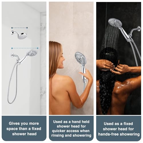 BRIGHT SHOWERS 9 Spray Settings Shower Head with Handheld High Pressure Chrome Hand Held Showerhead with 60 Inch Stainless Steel Hose and Adjustable Overhead Bracket - color: Chrome, size: 1.8 Gallon Per Minute