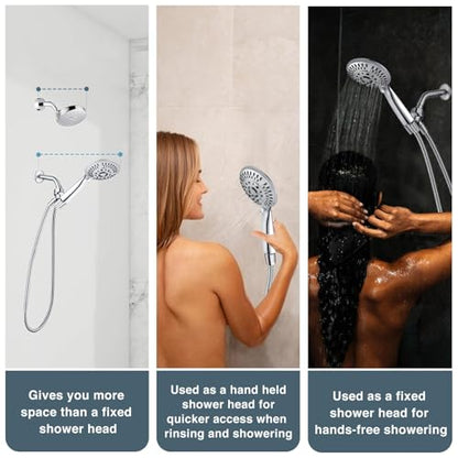 BRIGHT SHOWERS 9 Spray Settings Shower Head with Handheld High Pressure Hand Held Showerhead with 60 Inch Stainless Steel Hose and Adjustable Overhead Bracket, Chrome - color: Chrome, size: 2.5 Gallon Per Minute