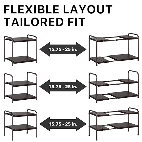 Simple Houseware Under Sink 2-Tier Heavy Duty Expandable Organizer, Bronze | Adjustable Width 15.75–25 Inches with 4 Shelf Height Levels - color: Bronze