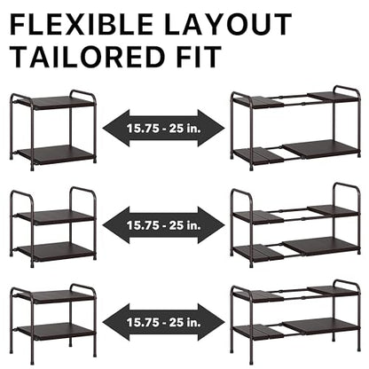Simple Houseware Under Sink 2-Tier Heavy Duty Expandable Organizer, Bronze | Adjustable Width 15.75–25 Inches with 4 Shelf Height Levels - color: Bronze