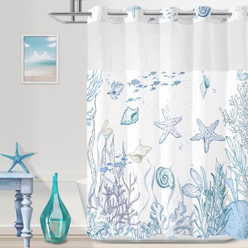 No Hook Shower Curtain and Liner Set, Blue Beach Coastal 71x77 | Nautical Ocean for Bathroom, with Snap in Liner Replacement, Mesh Top Window, Waterproof, Machine Washable, Quick-Drying - color: Blue, size: 71"W x 77"L (Pack of 1)
