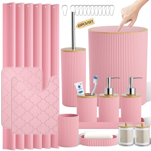 Pink and Wooden Bathroom Accessories Set, 25PC Bathroom Accessory Sets, Bathroom Sets with Push Top Trash Can, Shower Curtain and Rugs, Toilet Brush, Trash Can & Soap Dispenser - color: Pink & Wood, size: Bath Set&Shower Curtain&Bath Rugs