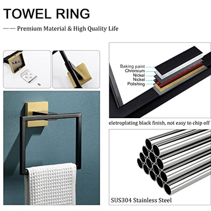 TQKAG Black and Gold Towel Ring, Bathroom Hand Towel Holder, Wall Mount | 5.5 Inch, Square Towel Ring, SUS304 Stainless Steel, Easy Installation, Bathroom Kitchen Entryway Vanity Sink - color: Black+gold