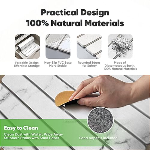 Stone Drying Mat for Kitchen Counter, Quick Diatomaceous Earth Mats for Dishes, 24"L x 16" W Super Absorbent Fast-Drying Collapsible Countertop Stone Mat (Marble White, 24" x 16") - color: Marble White