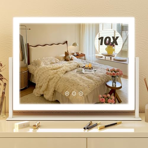 FENNIO Vanity Mirror with Lights 13'' x 17'' Makeup Mirror with Lights,Vanity Mirror Touch Screen with 3-Color Lighting,Dimmable,for Vanity Desk Bedroom White - color: White, size: 16.5"L x 12.5"W