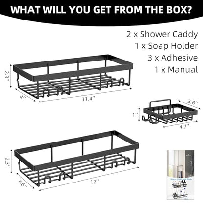 Moforoco 3-Pack Shower Caddy Basket Shelf with Soap Holder, No Drilling Traceless Adhesive Shower Wall Shelves, Rustproof Black Bathroom Shower Storage Organizer - color: Black