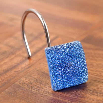 Crystal Blue Shower Curtain Hooks : Bling Glitter Sparkle Shiny Square Diamond Decorative Shower Curtain Hooks for Christmas & Holidays - Luxury Fancy Glam Curtain Hooks & Hangers - Set of 12 | Glam Sparkly Crystal Diamond Shower Hooks, Cute Square Rhines