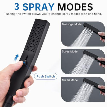 G-Promise All Metal 3-Function Handheld Shower Wand | Built to Last, Easy Install, with On/Off Switch Holder, Extra Long Hose, Modern Upgrade - color: Matte Black, style: Square