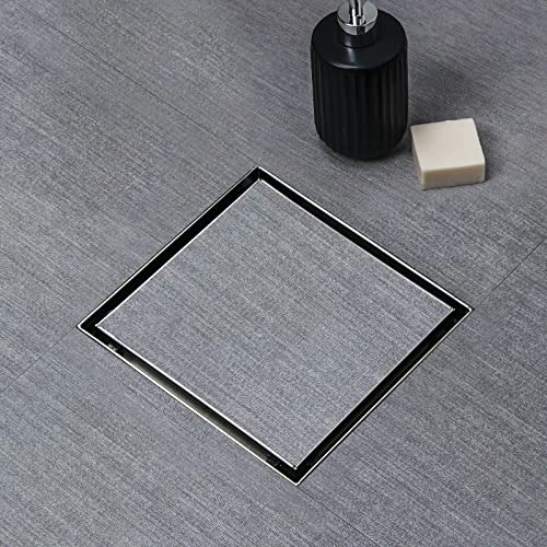 SaniteModar Shower Drain 6 inch Brushed with 2 in1 Tile Insert Cover | 304 Stainless Steel Brushed Square Shower Drain with Hair Catcher and Threaded Adapter - color: Tile Insert Grate, size: 6 inch