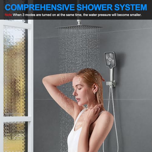 Bathtub Shower Faucet Set with Pressure Balance Valve, 12" Ceiling Mount Shower System with Tub Spout Multi-function Handheld Head Push Button Diverter Shower Trim Kit, Brushed Nickel - color: Brushed Nickel, style: 12"-Square-Tub-01