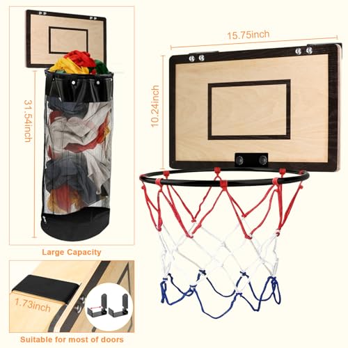 Over the Door Basketball Laundry Basket, 2-in-1 Wooden Basketball Hoop Laundry Hamper, Space Saving Hanging Organizer for Kids, Dirty Clothes Storage with Zipper for Kids Room, Dorm, Bedroom, Bathroom