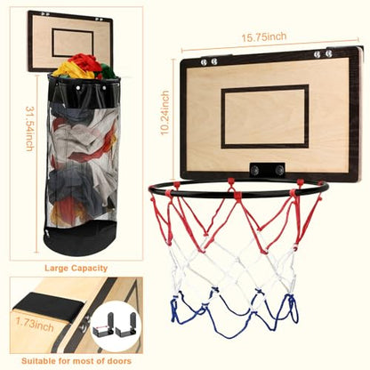 Over the Door Basketball Laundry Basket, 2-in-1 Wooden Basketball Hoop Laundry Hamper, Space Saving Hanging Organizer for Kids, Dirty Clothes Storage with Zipper for Kids Room, Dorm, Bedroom, Bathroom