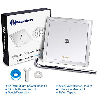 NearMoon Square Rain Shower Head With Extension Arm, Large Stainless Steel Rainfall Shower-Waterfall Full Body Coverage (12 Inch, Chrome) - color: Chrome, size: 12 Inch