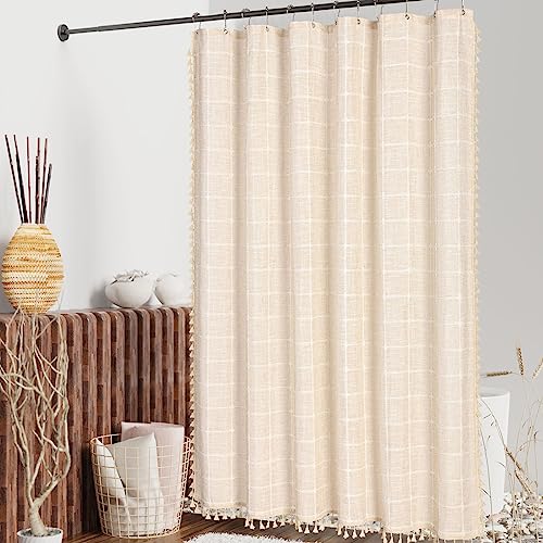 Boho Farmhouse Classic Plaid Linen Tassel Shower Curtain Cream,36x72 | Small Stall Half Size,310GSM Linen Blend Heavy Duty Cloth,3-side Tassels,Wrinkle Resistant,Rustic Bohemian Country design - color: Cream, size: 36"W x 72"L (Pack of 1)