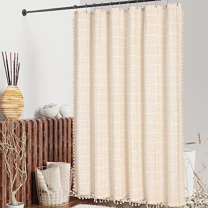 Boho Farmhouse Classic Plaid Linen Tassel Shower Curtain Cream,36x72 | Small Stall Half Size,310GSM Linen Blend Heavy Duty Cloth,3-side Tassels,Wrinkle Resistant,Rustic Bohemian Country design - color: Cream, size: 36"W x 72"L (Pack of 1)