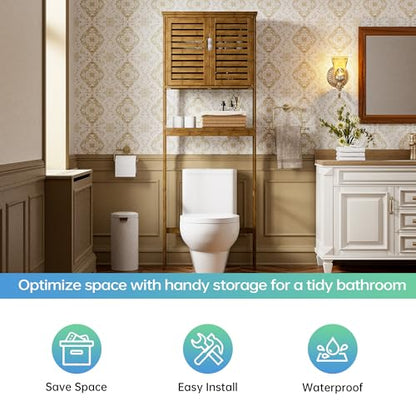 SMIBUY Bathroom Storage Shelf with Cabinet, Bamboo Over-The-Toilet Organizer Rack, Freestanding Toilet Space Saver with 3-Tier Adjustable Shelves (Walnut) - color: Walnut