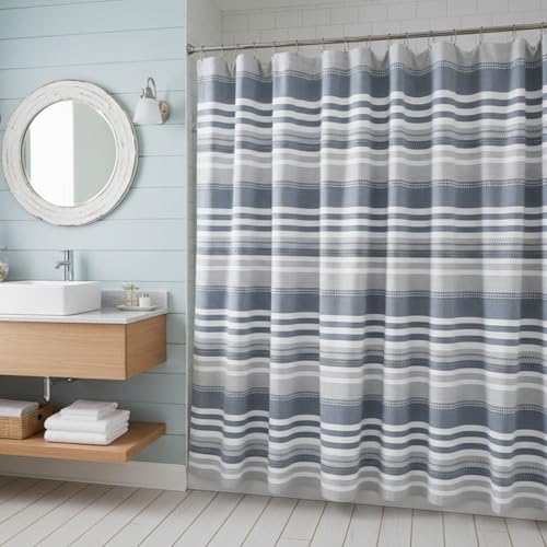 Modern Coastal Stripe Shower Curtain, Blue White Gray Thick Cotton, 72x72 | Elegant Modern Nautical Beach Striped Denim White Grey Hotel Feel Fabric, 72" x 72" Luxury Cloth Bathroom Décor - color: Oasis Blue