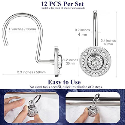 Silver Shower Curtain Hooks, Rust Proof Shower Curtain Rings for Bathroom, Metal Decorative Shower Curtain Hooks Hangers for Shower Curtain Rod, Shower Hooks for Shower Curtain Set of 12 Chrome | Zinc alloy & acrylic rhinestone design; 4mm thick wire hold
