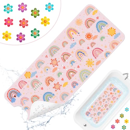 Cinrobiye Bath Mat for Tub Non Slip, 40 x 16 Inch Boho Rainbow Bathtub Shower Mat with Suction Cups and Drain Holes, Waterproof Machine Washable Bathroom Mat - color: Rainbow