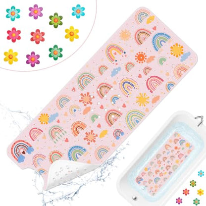 Cinrobiye Bath Mat for Tub Non Slip, 40 x 16 Inch Boho Rainbow Bathtub Shower Mat with Suction Cups and Drain Holes, Waterproof Machine Washable Bathroom Mat - color: Rainbow